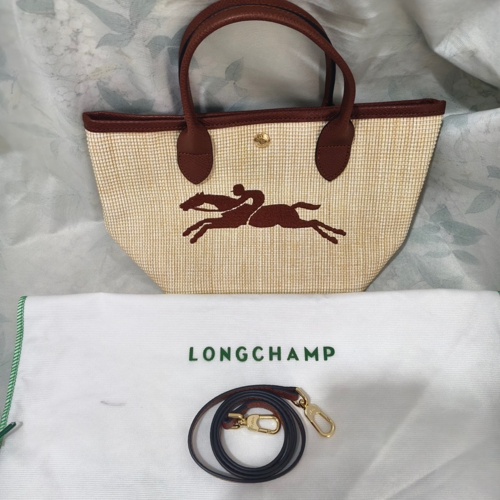 Longchamp Cream Woven Tote with Brown Leather Trim and Horse Motif